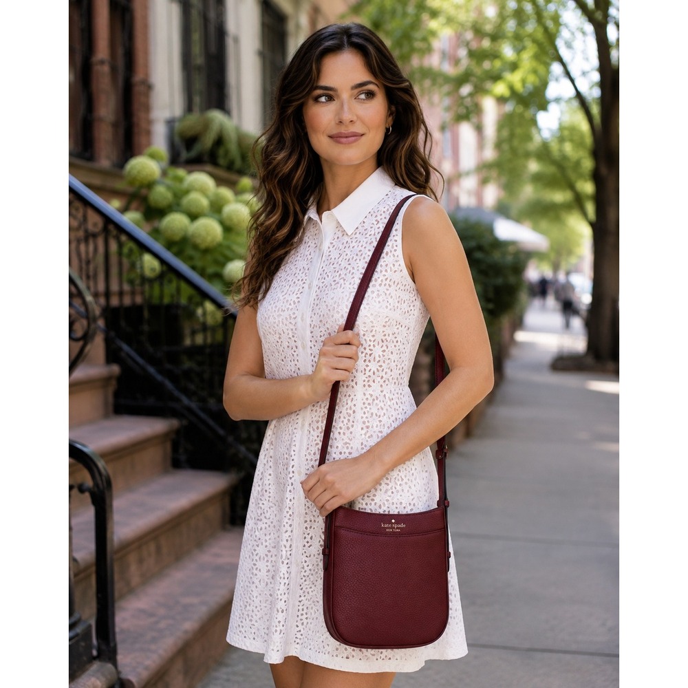 Kate Spade Burgundy Crossbody Bag Leah North South Pebbled Leather‎ #1039